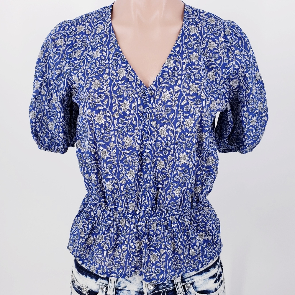 Banana Republic Blue Cream Blouse Puff Sleeve